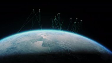 Dünya gezegenine veri ya da sinyal ileten uyduların 3 boyutlu soyut animasyonu. 5G web iletişimi, küresel internet bağlantısı. Modern yenilikçi uzay teknolojileri kavramı.