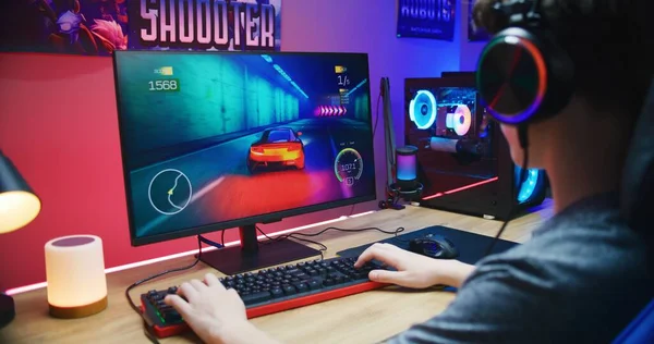 Young Gamer Plays Car Racing Simulator Home Computer Monitor Displayed — Stock Photo, Image