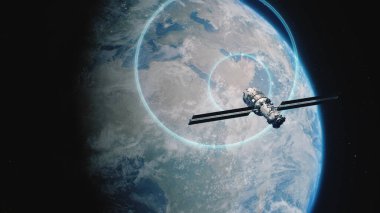 Yörüngedeki uydunun Dünya gezegenine sinyal gönderen üç boyutlu soyut animasyonu. 5G web iletişiminin dünya çapında transferi, küresel ağ bağlantısı. Modern yenilikçi alan