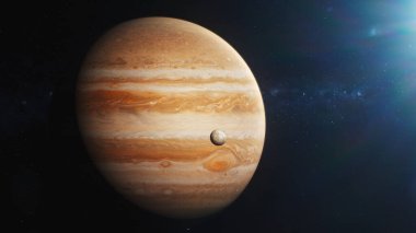 Jüpiter ve uydusu Io, Europa, Ganymede ya da Callisto 'nun güneş ışınları altında karanlık uzayda dönen üç boyutlu grafikleri. Arka planda yıldızlar ve galaksiler. Güneş sistemi gezegeni. Evren