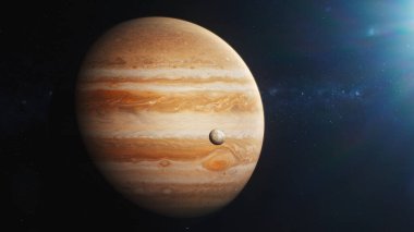 Illustration Cinematic 3D graphics of Jupiter and its moon Io, Europa, Ganymede or Callisto spinning in dark outer space under sun rays. Stars and galaxies on background. Solar system planet. Universe clipart