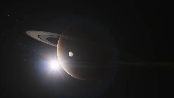 图片说明土星及其卫星Mimas或Titan在外层空间的3D动画 神秘的土星环太阳 恒星和星系背景 太阳系行星 宇宙探索 — 图库照片