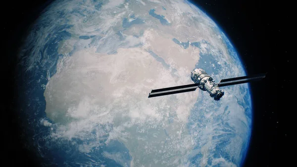 Иллюстрация Анимации Красивой Планеты Земля Вращающейся Космическом Пространстве Спутник Летит — стоковое фото