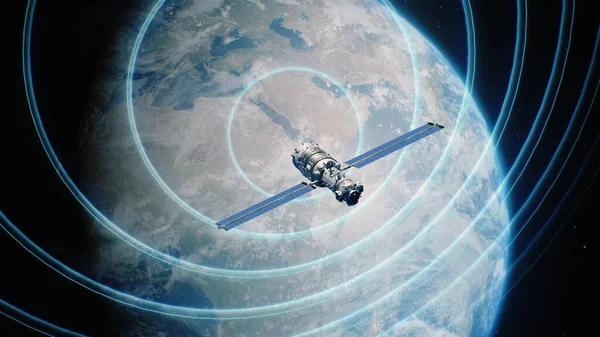 Ilustrace Abstraktní Animace Družice Oběžné Dráze Přenášející Signál Zemi Celosvětový — Stock fotografie