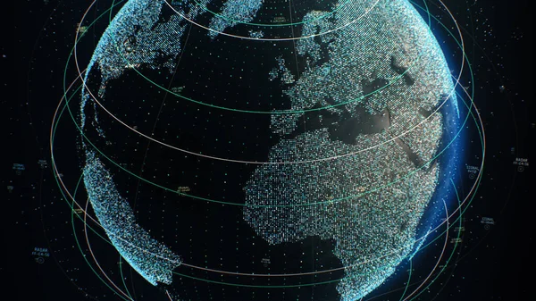 Vykreslení Digitální Mřížky Čar Přes Rotující Velkou Datovou Zeměkouli Celosvětový — Stock fotografie