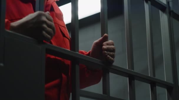 Hapishane Hücresinde Metal Parmaklıklar Taşıyan Turuncu Üniformalı Bir Mahkum Suçlu — Stok video