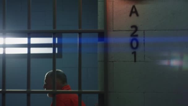墙上的牢房数量 身穿橙色制服的老罪犯坐在监狱床上 用铁棍看着窗户 犯人将被监禁 在教养所的囚犯 Dolly Shot — 图库视频影像