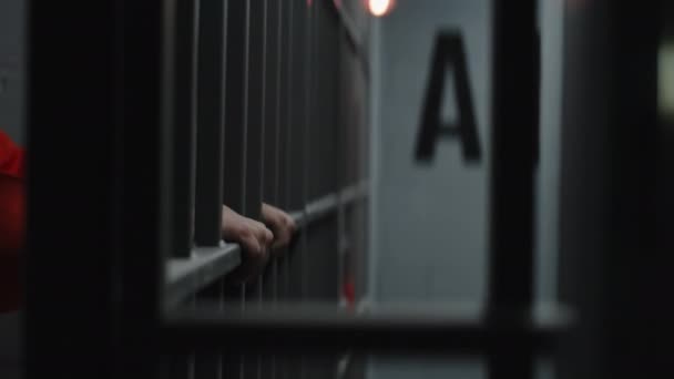 Zbliżenie Więźnia Pomarańczowym Mundurze Rozciągającego Palce Trzymającego Metalowe Pręty Przestępcy — Wideo stockowe