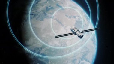 Yörüngedeki uydunun 3 boyutlu soyut animasyonu Dünya gezegenine sinyal gönderiyor. 5G web iletişiminin dünya çapında transferi, küresel ağ bağlantısı. Modern yenilikçi uzay teknolojileri kavramı.
