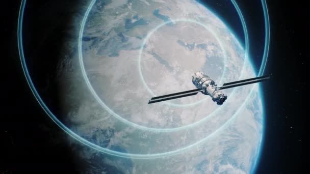 Abstrakt Animation Satellit Omloppsbana Sänder Signal Till Jorden Planeten Global — Stockvideo