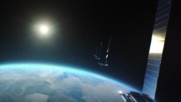 Computadores Gráficos Satélites Voando Órbita Planeta Terra Transmitindo Sinal Comunicações — Vídeo de Stock