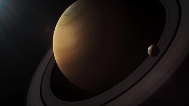 现实的土星及其卫星Mimas Dione或Titan在黑暗的太空中旋转的3D动画 神秘的土星环背景上的太阳光和星星 太阳系行星 宇宙探索 — 图库视频影像