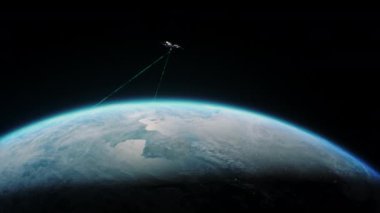 Dünya gezegenine lazerle veri ya da sinyal gönderen üç boyutlu bir uydu görüntüsü. 5G ağ iletişimini, küresel ağ bağlantısını transfer et. Modern yenilikçi uzay teknolojileri kavramı.