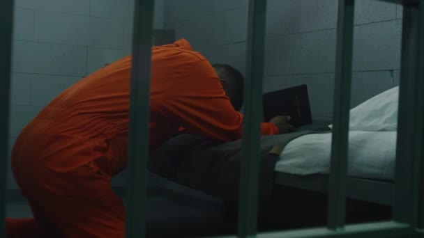 身穿橙色制服的非裔美国囚犯跪在床边 用圣经在监牢里向上帝祈祷 男性罪犯在监狱或拘留中心服刑 信仰上帝的概念 — 图库视频影像