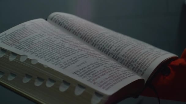 Närbild Bibeln Afrikansk Amerikansk Fånge Håller Boken Handen Läser Bläddrar — Stockvideo