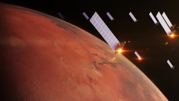Реалістична Графіка Обертання Марса Темному Зовнішньому Просторі Сонячні Батареї Панелі — стокове відео
