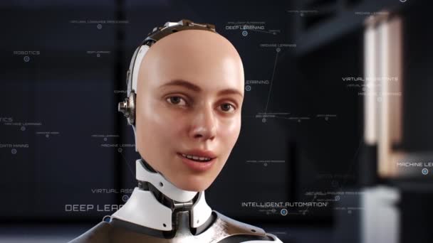Kadın Yapay Zeka Robot Konuşuyor Kameraya Bakıyor Gerçekçi Bilgisayar Gelecekçi — Stok video