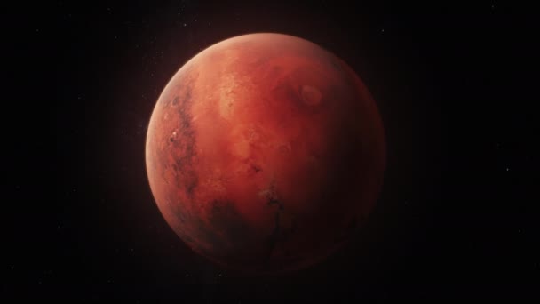 暗い宇宙で回転する火星の現実的な3Dアニメーション 背景にある星や銀河 太陽系の赤い惑星 未来の人間の植民地化と宇宙探査の概念 カメラ — ストック動画