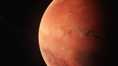 Mars 'ın karanlık uzayda dönüşünün gerçekçi üç boyutlu animasyonu. Yıldızlar, arka planda galaksiler. Güneş sistemi gezegeni. Geleceğin insan kolonizasyonu ve evren keşfi kavramı. Teknolojik gelişme.