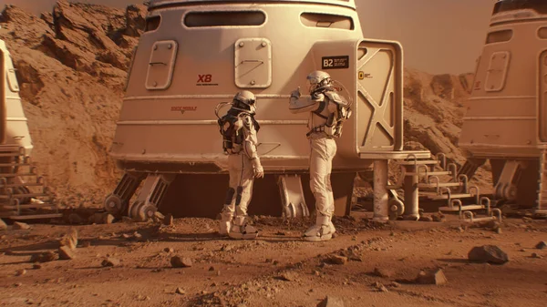 Deux Astronautes Combinaison Spatiale Dirigent Vers Une Station Recherche Une — Photo