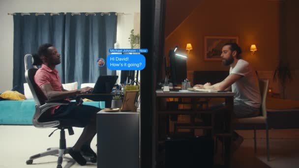 Two Diverse Men Sit Computers Friends Send Receive Messages Online — Stock Video