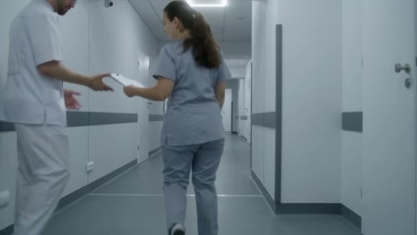 Sundheds Specialist Går Korridor Mødes Med Sygeplejerske Diskuterer Aftaler Med – Stock-video