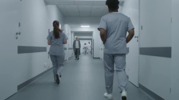 Personale Medico Multirazziale Uniforme Camminare Corridoio Clinica Paziente Anziano All — Video Stock