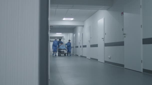 Médicos Enfermeiros Paramédicos Correm Empurram Maca Com Paciente Gravemente Ferido — Vídeo de Stock