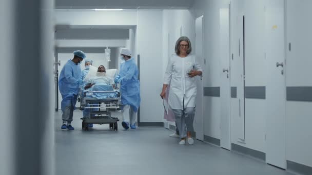 Врачи Медсестры Парамедики Толкают Носилки Пациентом Поддерживают Афроамериканец Шейным Корсет — стоковое видео