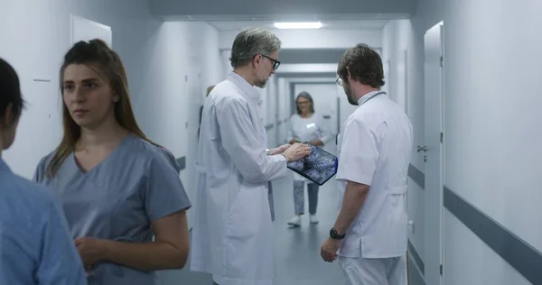 成熟した医師は デジタルタブレットを使用して同僚にMri Ct脳スキャン画像を示しています 専門医が立ってクリニックの廊下を歩き 仕事について話し合います 医療スタッフ 病院の廊下の患者さん — ストック写真