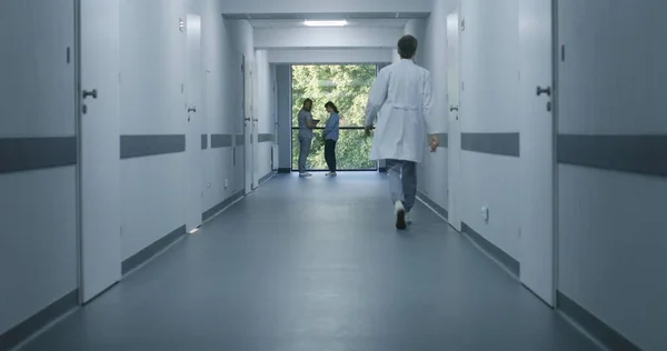 Klinik Koridoru Doktorlar Profesyonel Sağlık Görevlileri Yürüyor Dijital Tabletli Hemşire — Stok fotoğraf