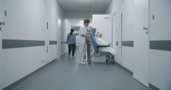 Professional doctors transport elderly patient on wheelchair to medical room and discuss medical test results. Mature medic opens door for his colleague and senior woman. Medical staff at work.
