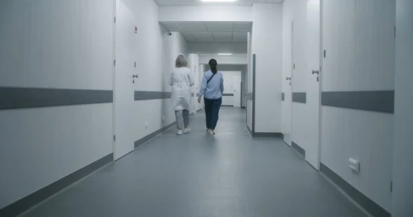 Professionella Läkare Transporterar Äldre Patienter Med Rullstol Till Sjukvårdsrummet Och — Stockfoto