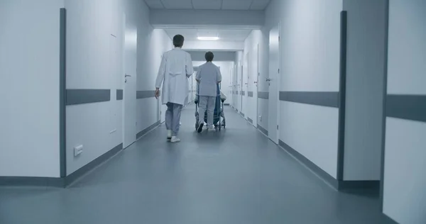 Bakifrån Läkare Som Trycker Transfer Rullstol Med Patienten Promenader Längs — Stockfoto