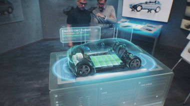 İki erkek otomotiv mühendisi yeni çevre dostu elektrikli araba geliştiriyor. Fütürist artırılmış sanal otomobil prototipi kullanıyorlar. Yüksek teknolojili araçların 3 boyutlu grafikleri. VFX canlandırması.