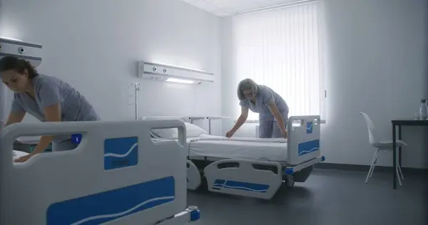 Dorosła Pielęgniarka Przychodzi Pokoju Szpitalnego Zaczyna Się Przebierać Dojrzałą Koleżanką — Zdjęcie stockowe