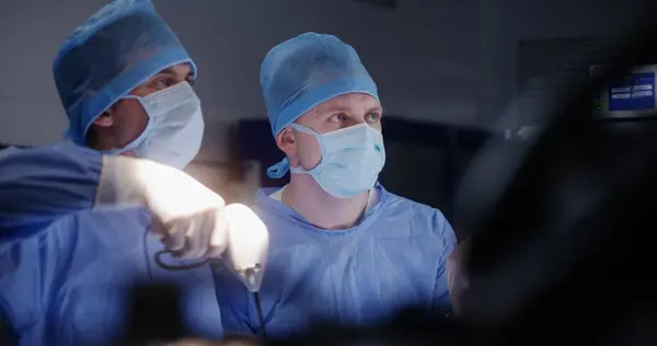 Surgeons Perform Laparoscopy Look Monitors Operation Room Nurse Talks Doctors — Stock Photo, Image