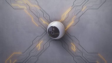 Duvarda yapay zeka tanıma sistemi olan bir güvenlik kamerası dönüyor. Modern CCTV kamerasıyla 3 boyutlu veri iletimi veya kablosuz internet bağlantısı. VFX animasyonu. Gözetim sistemi.