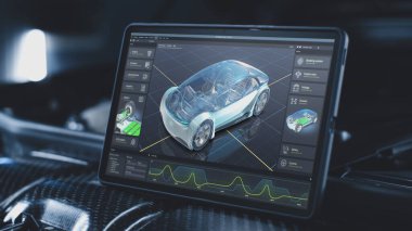 Dijital tablet bilgisayar ekranı, çevre dostu otomobil geliştirme için profesyonel yazılım kullanıcı arayüzünün 3D görüntüsünü gösteriyor. 3D sanal elektrikli araç modeli ile araba tanılama veya test programı.