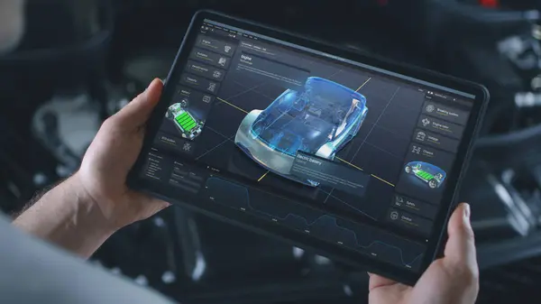 Otomotiv Mühendisi Ekranda Gerçek Zamanlı Araba Tanılama Simülasyonuyla Dijital Tablet — Stok fotoğraf