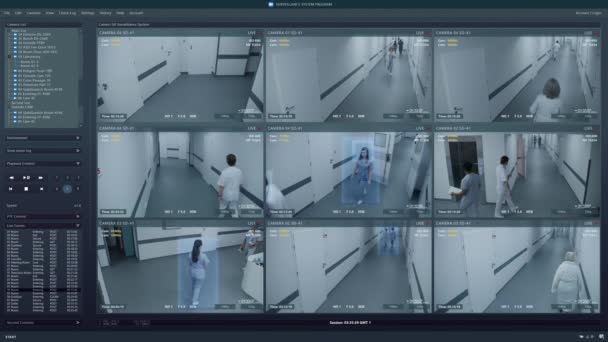 在医院走廊的电脑屏幕上播放闭路电视摄像头 监视接口与人工智能未来主义程序和人的识别系统 摄像头 识别和跟踪的概念 — 图库视频影像