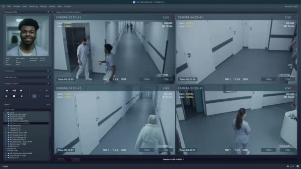 コンピュータ画面で現代の病院でCctvカメラを再生します 監視システムプログラムとAi顔認識技術のユーザーインターフェース セキュリティカメラの映像 識別に関するコンセプト — ストック動画