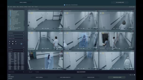 Pc屏幕上的诊所回放闭路电视摄像机 与监视监控程序和人工智能识别系统的用户界面 医护人员和病人在医院走廊 安保摄像头录像 — 图库视频影像