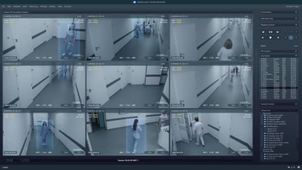 Kamery Monitoringu Korytarzu Kliniki Ekranie Komputera Interfejs Użytkownika Futurystycznym Oprogramowaniem — Wideo stockowe