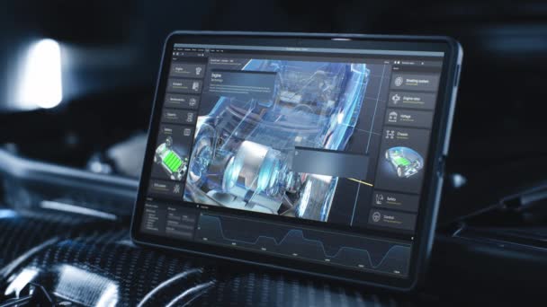 Cyfrowy Ekran Komputera Pokazuje Futurystyczną Graficzną Wizualizację Samochodu Rozwijającego Profesjonalne — Wideo stockowe