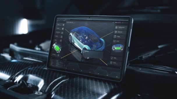 Futurystyczna Animacja Profesjonalnego Programu Diagnostyki Samochodów Prototypem Wirtualnego Pojazdu Elektrycznego — Wideo stockowe