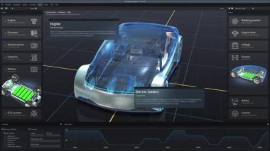 Çevre dostu otomobil geliştirme için profesyonel yazılımın üç boyutlu grafik kullanıcı arayüzü. Üç boyutlu sanal elektrikli araç prototipi ile araba tanılama ya da test programı. Bilgisayar ekranı görünümü.