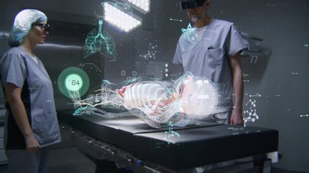 Chirurgen Kopfhörern Arbeiten Operationssaal Mit Futuristischen Holographischen Displays Grafiken Von — Stockvideo