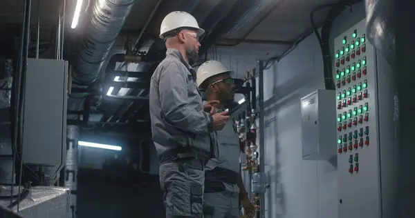 Professional Caucasian Engineer Safety Uniform Goggles Hard Hat Uses Digital — Stock Photo, Image