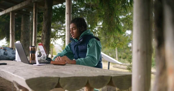 African American Young Boy Sits Wooden Gazebo Talks Teacher Video — Stock Photo, Image